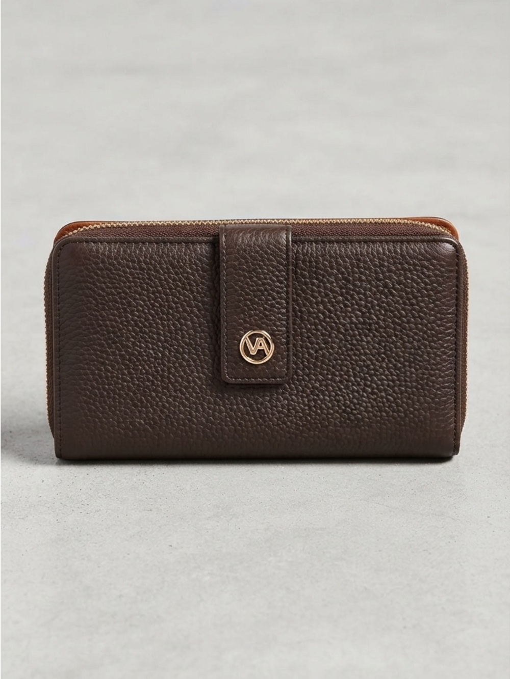 Valentina Dark Brown Pebbled Leather Zip Wallet with Gold Accent